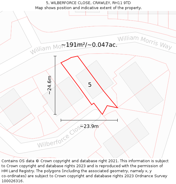 5, WILBERFORCE CLOSE, CRAWLEY, RH11 9TD: Plot and title map