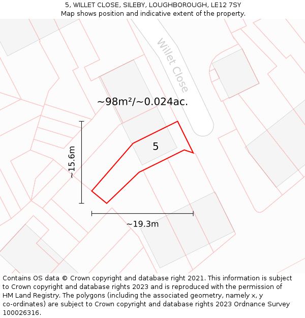 5, WILLET CLOSE, SILEBY, LOUGHBOROUGH, LE12 7SY: Plot and title map