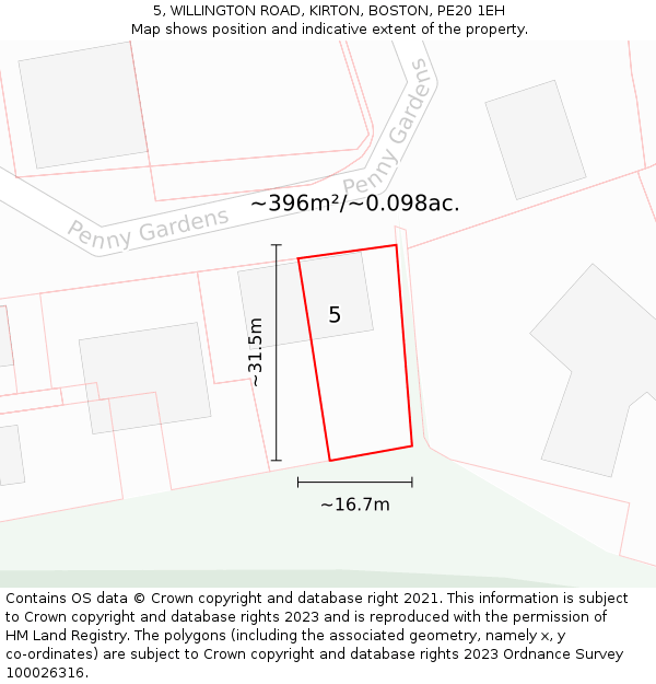 5, WILLINGTON ROAD, KIRTON, BOSTON, PE20 1EH: Plot and title map