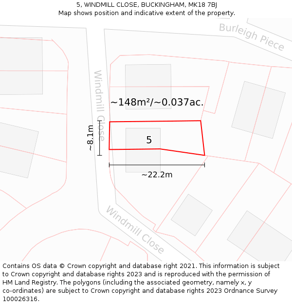 5, WINDMILL CLOSE, BUCKINGHAM, MK18 7BJ: Plot and title map