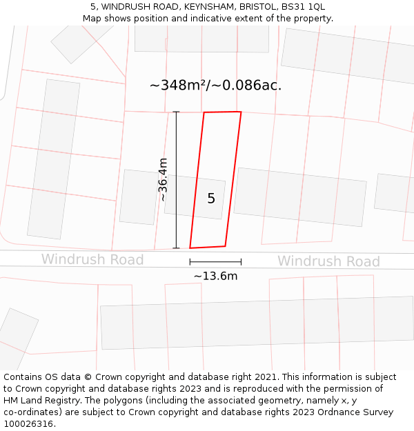 5, WINDRUSH ROAD, KEYNSHAM, BRISTOL, BS31 1QL: Plot and title map