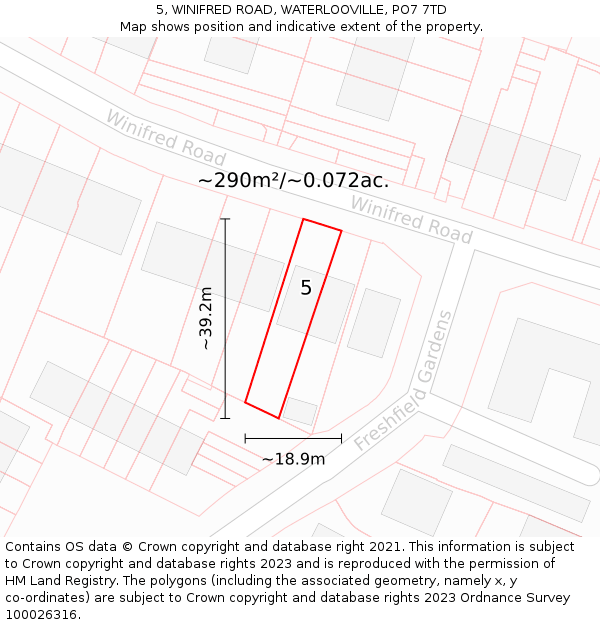 5, WINIFRED ROAD, WATERLOOVILLE, PO7 7TD: Plot and title map