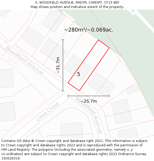 5, WOODFIELD AVENUE, RADYR, CARDIFF, CF15 8EF: Plot and title map