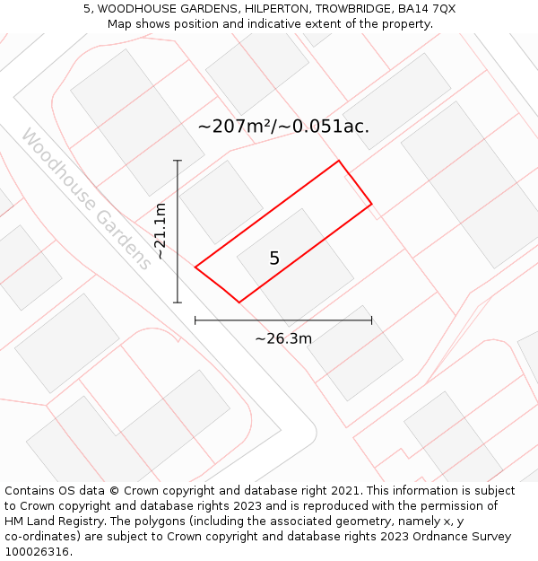 5, WOODHOUSE GARDENS, HILPERTON, TROWBRIDGE, BA14 7QX: Plot and title map