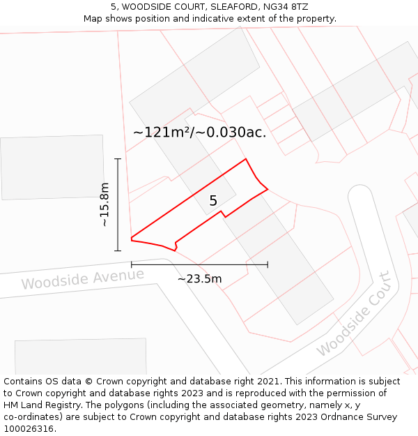 5, WOODSIDE COURT, SLEAFORD, NG34 8TZ: Plot and title map