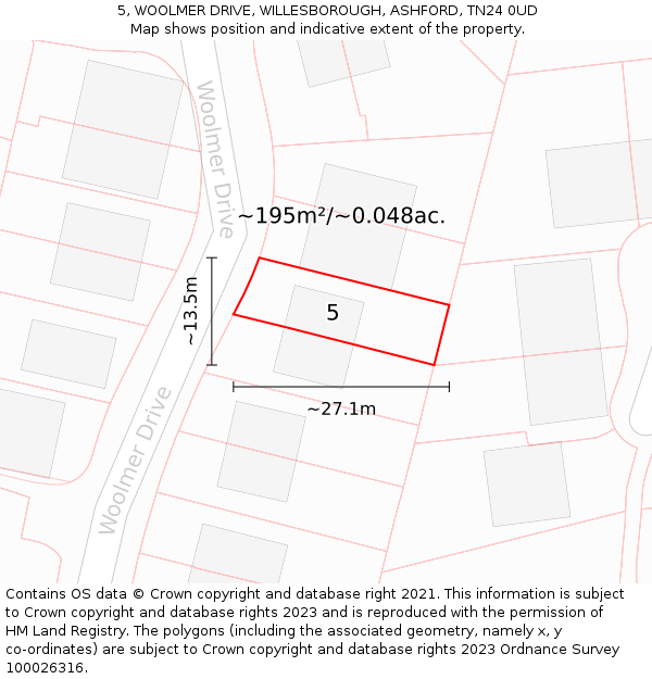 5, WOOLMER DRIVE, WILLESBOROUGH, ASHFORD, TN24 0UD: Plot and title map