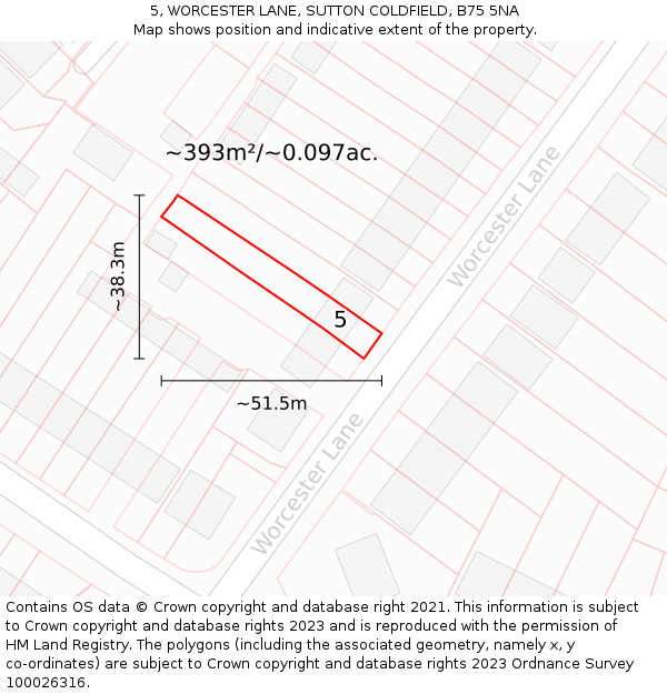 5, WORCESTER LANE, SUTTON COLDFIELD, B75 5NA: Plot and title map