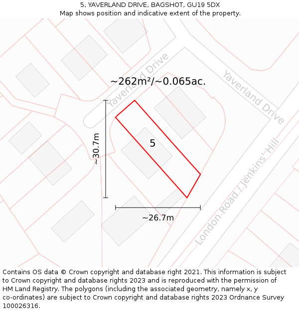 5, YAVERLAND DRIVE, BAGSHOT, GU19 5DX: Plot and title map