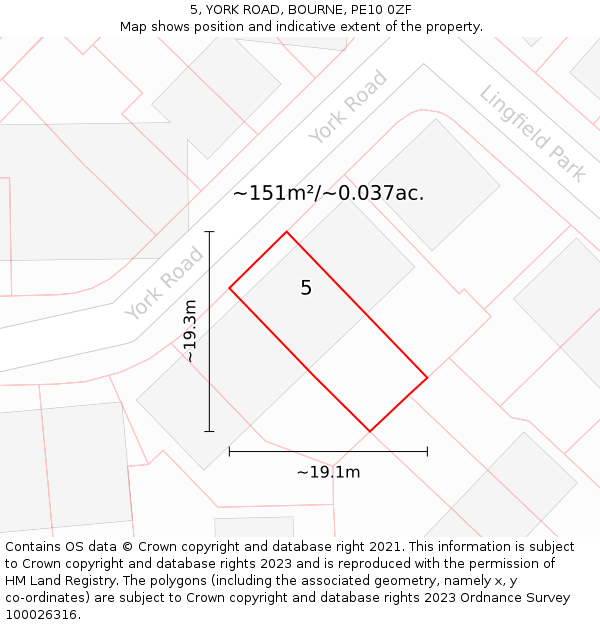 5, YORK ROAD, BOURNE, PE10 0ZF: Plot and title map