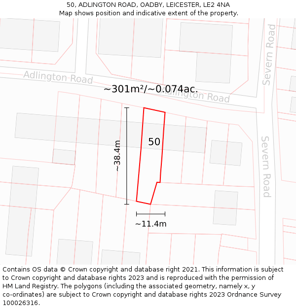 50, ADLINGTON ROAD, OADBY, LEICESTER, LE2 4NA: Plot and title map