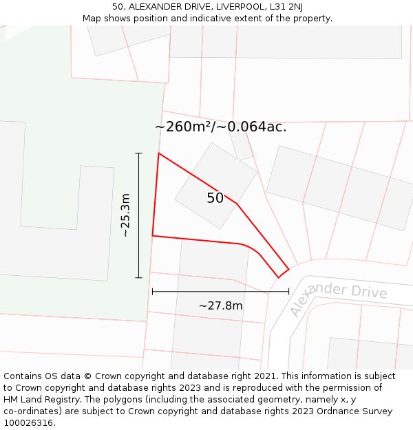 50, ALEXANDER DRIVE, LIVERPOOL, L31 2NJ: Plot and title map