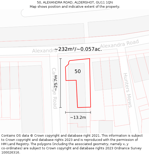 50, ALEXANDRA ROAD, ALDERSHOT, GU11 1QN: Plot and title map