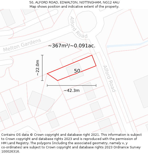 50, ALFORD ROAD, EDWALTON, NOTTINGHAM, NG12 4AU: Plot and title map