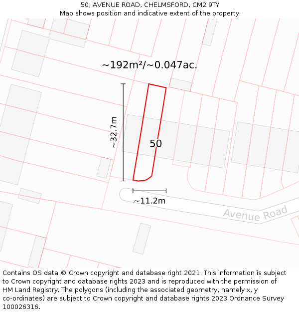 50, AVENUE ROAD, CHELMSFORD, CM2 9TY: Plot and title map