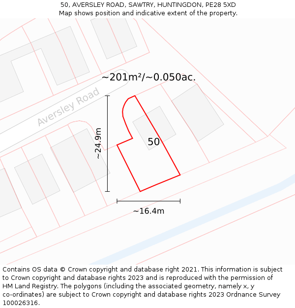 50, AVERSLEY ROAD, SAWTRY, HUNTINGDON, PE28 5XD: Plot and title map