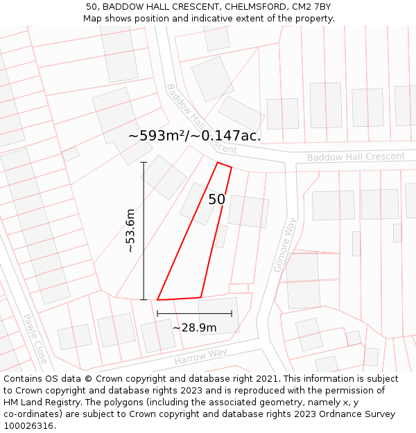 50, BADDOW HALL CRESCENT, CHELMSFORD, CM2 7BY: Plot and title map