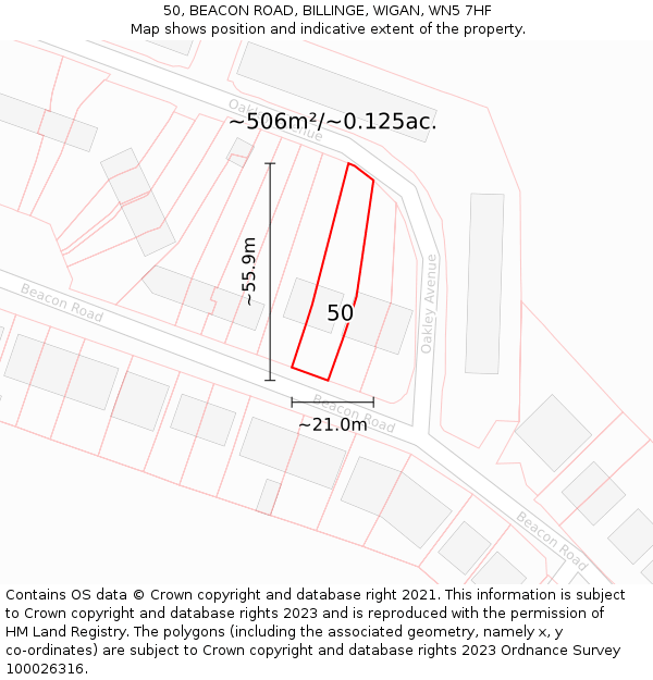 50, BEACON ROAD, BILLINGE, WIGAN, WN5 7HF: Plot and title map