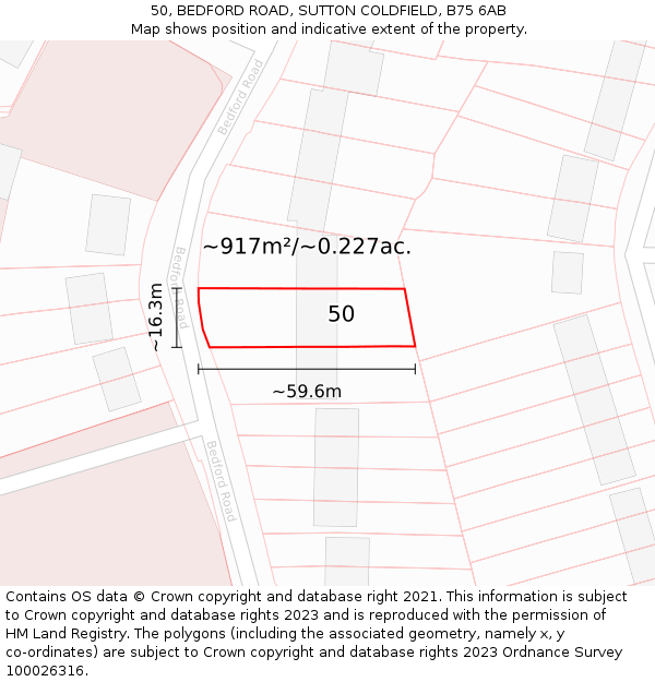 50, BEDFORD ROAD, SUTTON COLDFIELD, B75 6AB: Plot and title map