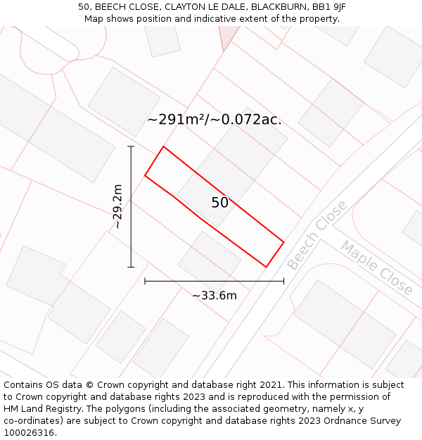 50, BEECH CLOSE, CLAYTON LE DALE, BLACKBURN, BB1 9JF: Plot and title map