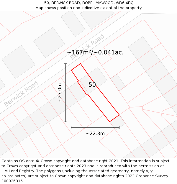 50, BERWICK ROAD, BOREHAMWOOD, WD6 4BQ: Plot and title map