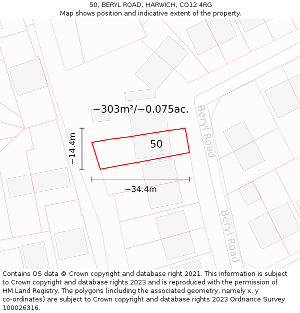 50, BERYL ROAD, HARWICH, CO12 4RG: Plot and title map