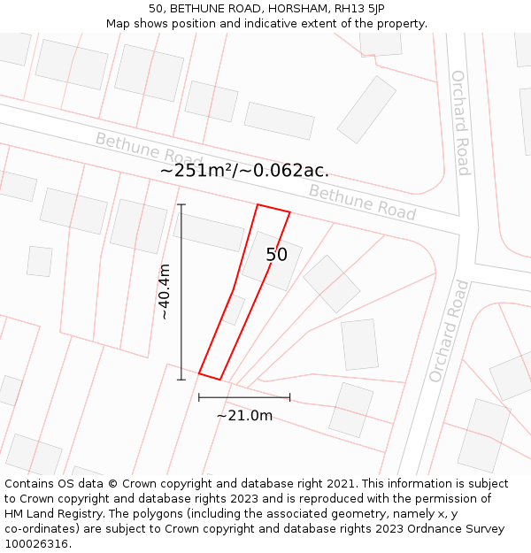 50, BETHUNE ROAD, HORSHAM, RH13 5JP: Plot and title map