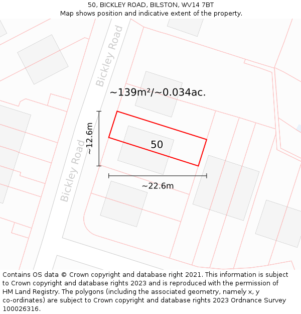 50, BICKLEY ROAD, BILSTON, WV14 7BT: Plot and title map