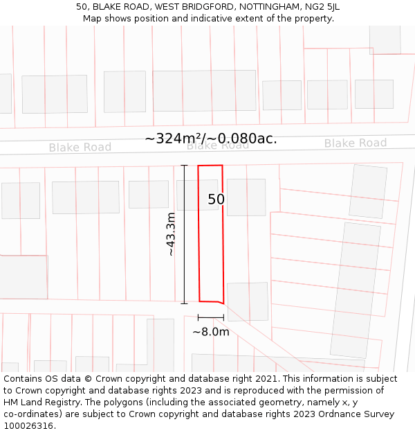 50, BLAKE ROAD, WEST BRIDGFORD, NOTTINGHAM, NG2 5JL: Plot and title map