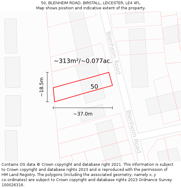 50, BLENHEIM ROAD, BIRSTALL, LEICESTER, LE4 4FL: Plot and title map