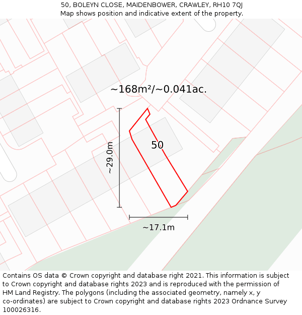 50, BOLEYN CLOSE, MAIDENBOWER, CRAWLEY, RH10 7QJ: Plot and title map