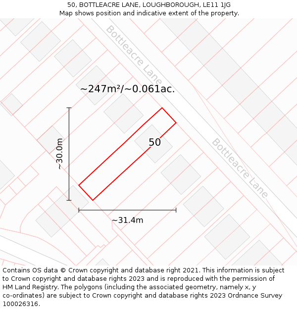 50, BOTTLEACRE LANE, LOUGHBOROUGH, LE11 1JG: Plot and title map