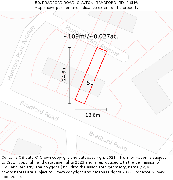 50, BRADFORD ROAD, CLAYTON, BRADFORD, BD14 6HW: Plot and title map