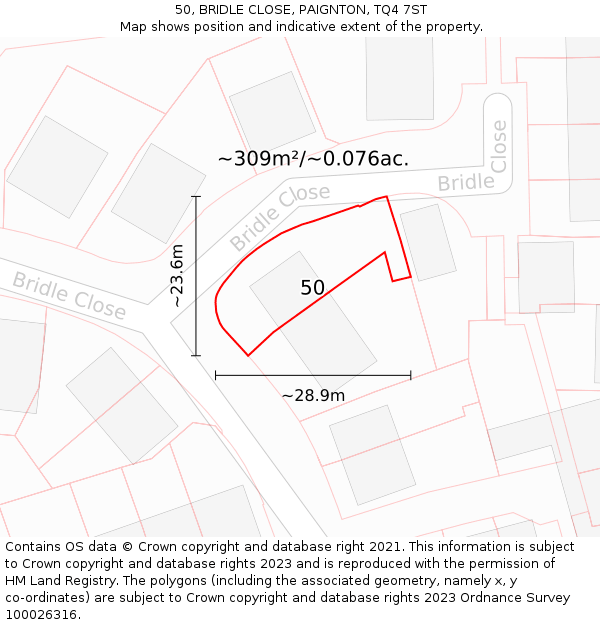 50, BRIDLE CLOSE, PAIGNTON, TQ4 7ST: Plot and title map