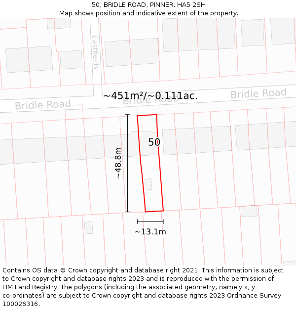 50, BRIDLE ROAD, PINNER, HA5 2SH: Plot and title map