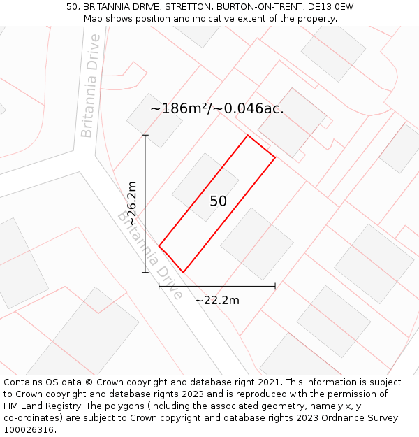 50, BRITANNIA DRIVE, STRETTON, BURTON-ON-TRENT, DE13 0EW: Plot and title map