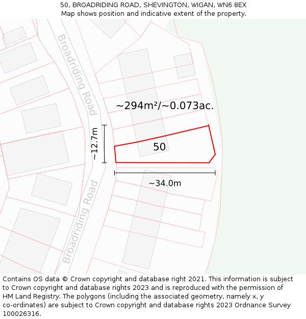 50, BROADRIDING ROAD, SHEVINGTON, WIGAN, WN6 8EX: Plot and title map