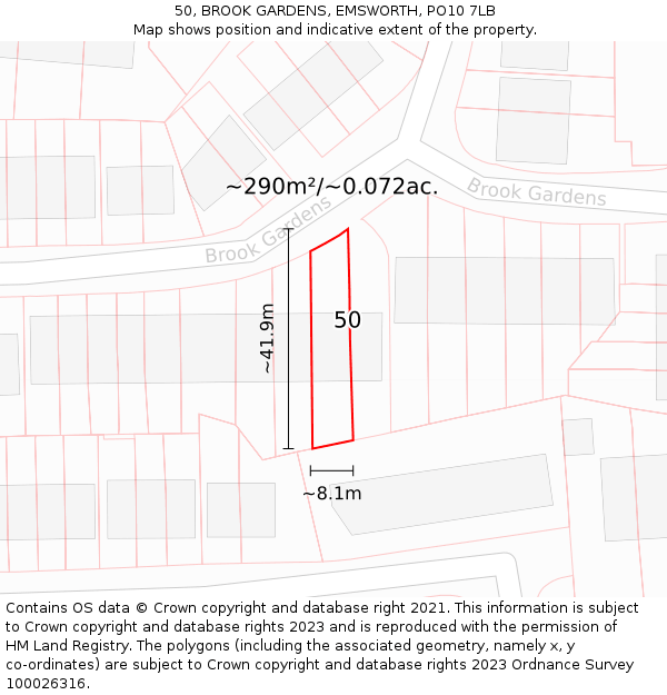 50, BROOK GARDENS, EMSWORTH, PO10 7LB: Plot and title map