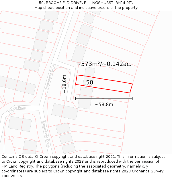 50, BROOMFIELD DRIVE, BILLINGSHURST, RH14 9TN: Plot and title map