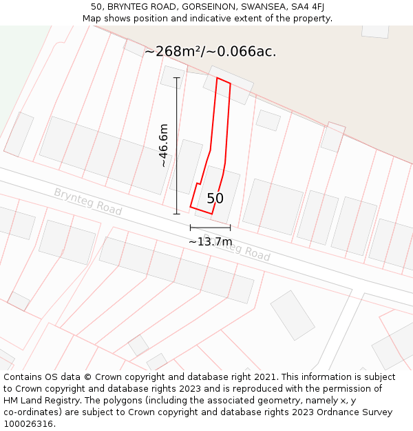 50, BRYNTEG ROAD, GORSEINON, SWANSEA, SA4 4FJ: Plot and title map