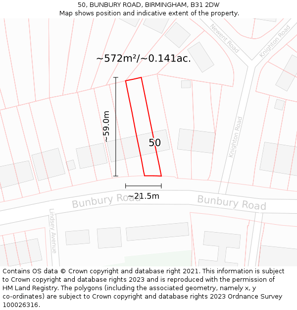 50, BUNBURY ROAD, BIRMINGHAM, B31 2DW: Plot and title map