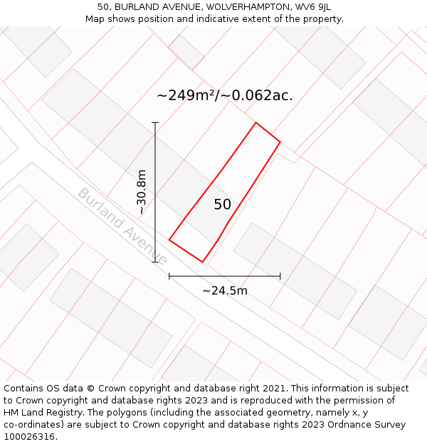 50, BURLAND AVENUE, WOLVERHAMPTON, WV6 9JL: Plot and title map