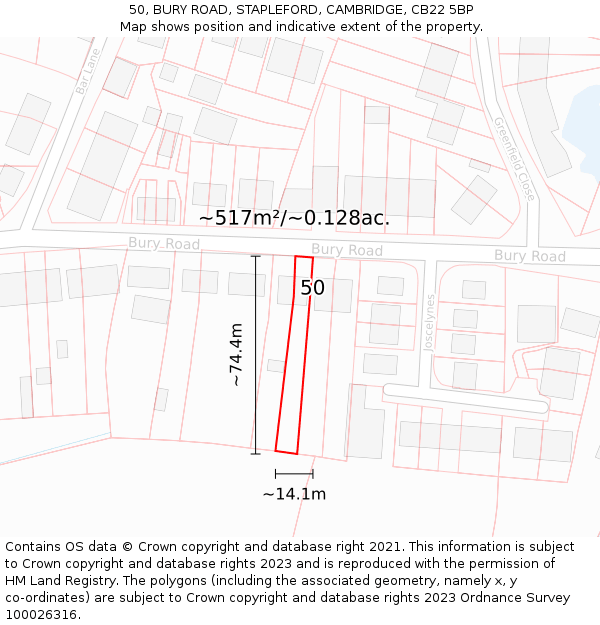 50, BURY ROAD, STAPLEFORD, CAMBRIDGE, CB22 5BP: Plot and title map