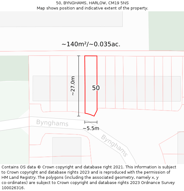 50, BYNGHAMS, HARLOW, CM19 5NS: Plot and title map