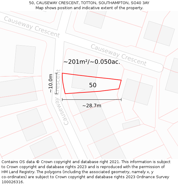 50, CAUSEWAY CRESCENT, TOTTON, SOUTHAMPTON, SO40 3AY: Plot and title map