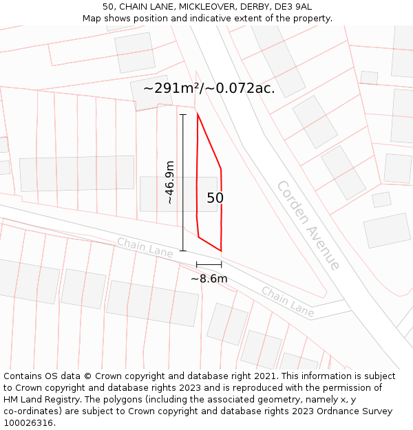 50, CHAIN LANE, MICKLEOVER, DERBY, DE3 9AL: Plot and title map