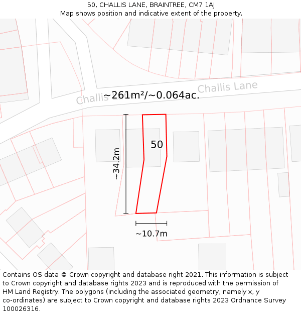 50, CHALLIS LANE, BRAINTREE, CM7 1AJ: Plot and title map