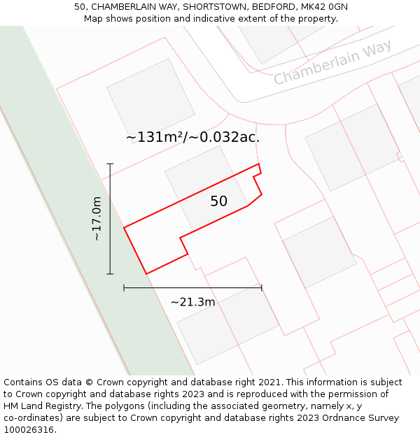 50, CHAMBERLAIN WAY, SHORTSTOWN, BEDFORD, MK42 0GN: Plot and title map