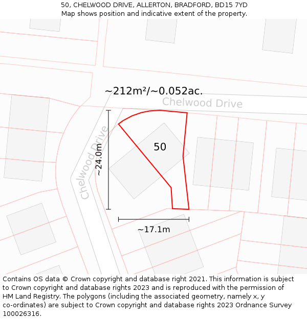 50, CHELWOOD DRIVE, ALLERTON, BRADFORD, BD15 7YD: Plot and title map