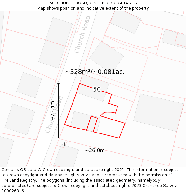 50, CHURCH ROAD, CINDERFORD, GL14 2EA: Plot and title map