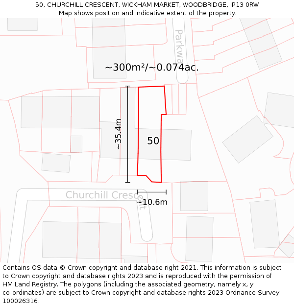 50, CHURCHILL CRESCENT, WICKHAM MARKET, WOODBRIDGE, IP13 0RW: Plot and title map